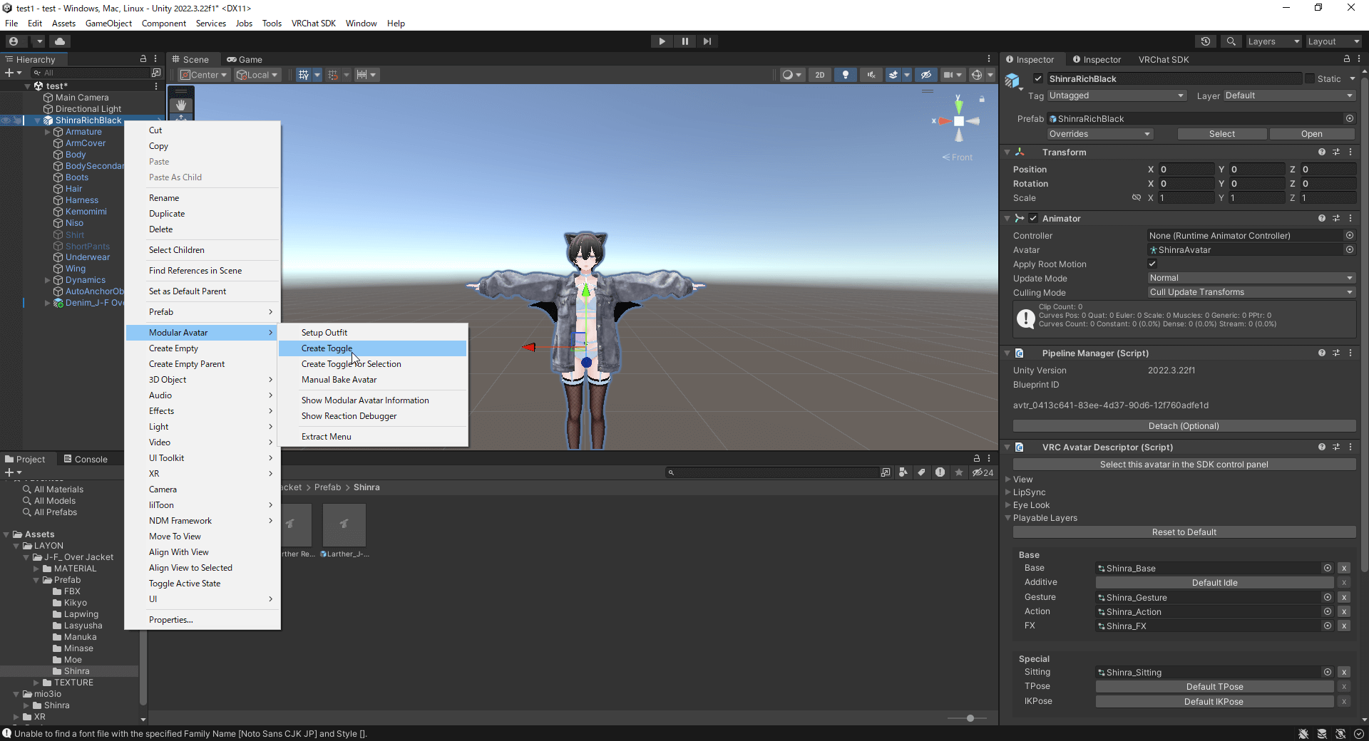 UnityのHierarchy上で右クリックし、Modular Avatar > Create Toggle を選択している画面