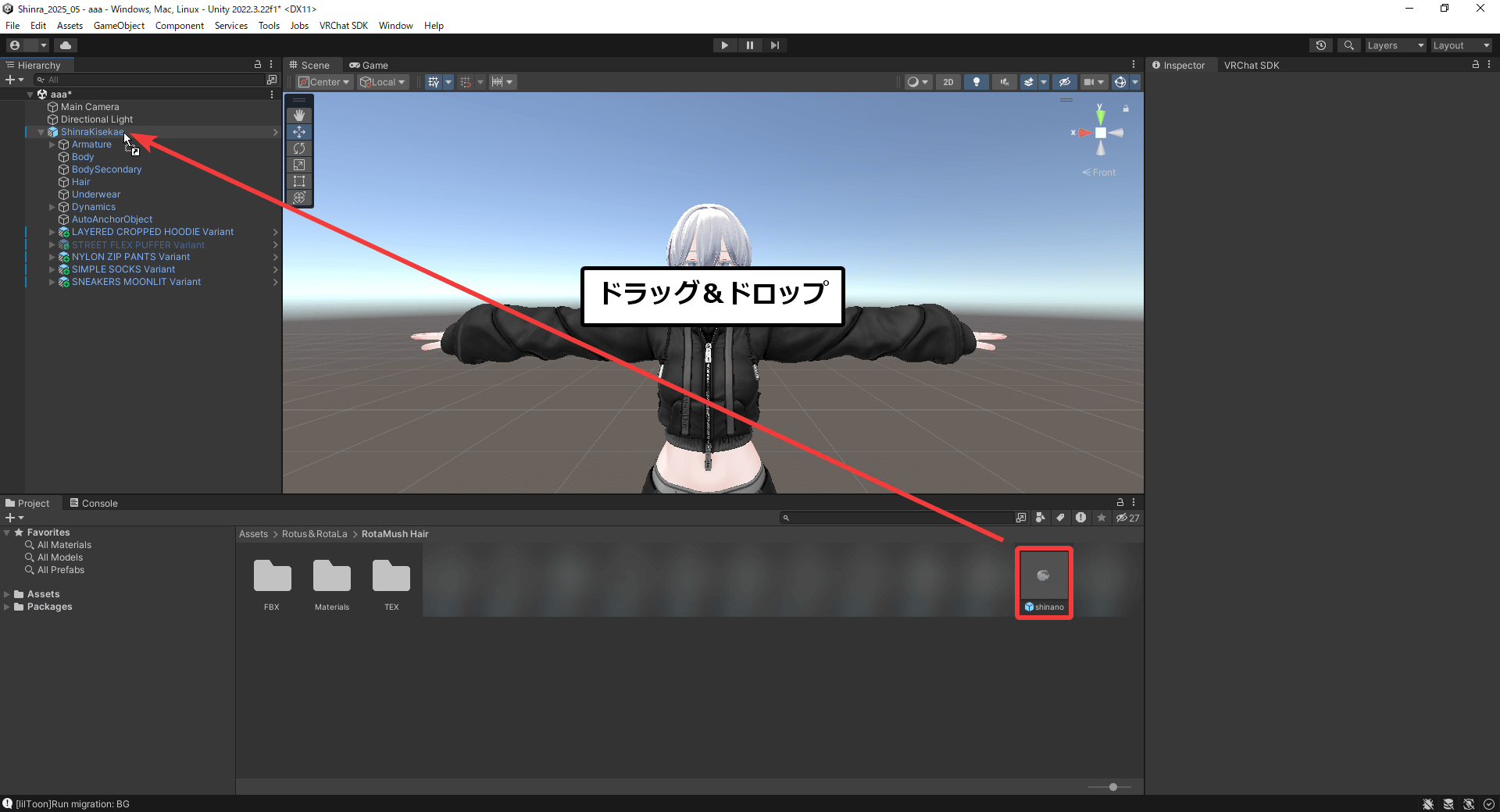 Unityで髪型のPrefabをHierarchyにドラッグ&ドロップする様子